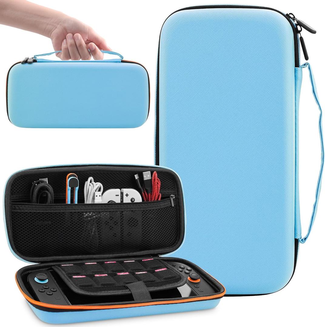 FUNDIARY Travel Carrying Cases Compatible with Nintendo Switch 2 Grips, Large Storage Space for Blue Slim Portable Cute Bag & 10 Game Card Slots for Switch 2 Game Accessories with Handle Strap Design