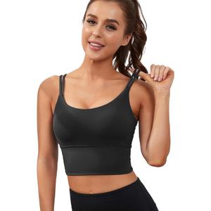 Everrysea Sports Bras for Women High Support Longline Workout Tank Tops Built in Bra Strappy Yoga Padded Crop Top (Medium, Black)