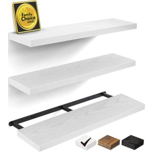 BAYKA White Floating Shelves for Wall, 36 inches Wall Mounted Rustic Wood Shelves for Bathroom, Bedroom, Living Room, for Books/Storage/DecorSet of 3 (C. White - Modern Minimalist Style)