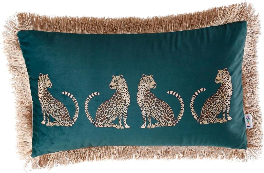 Lumbar Decorative Throw Pillow Cover with Tassels Leopard Pattern Cushion Cover Luxury Style Soft Velvet Pillowcase for Sofa Couch Bedroom (12"x20",Dark Green)