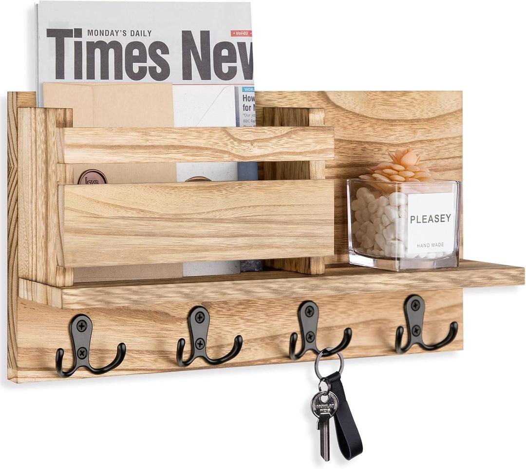 Key and Mail Holder for Wall Decorative - Rustic Mail Organizer Wall Mount, Wooden Letter Sorter Organizer with 4 Key Rack Hooks for Hallway Kitchen Farmhouse Decor (16.5 x 9.1 x 3.4) (Brown)