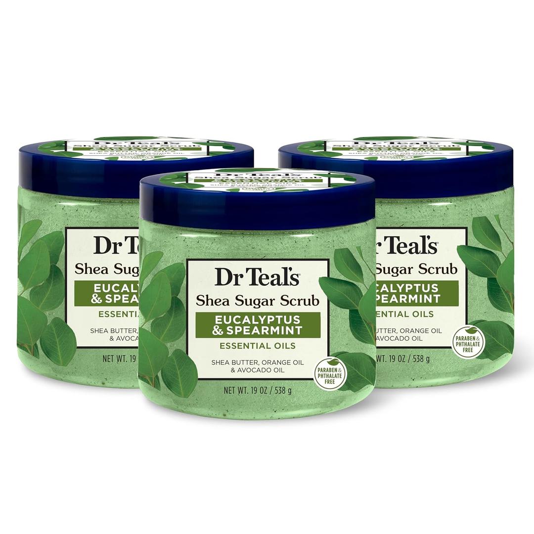 Dr Teal's Shea Sugar Scrub, Eucalyptus & Spearmint Essential Oils, 19 oz (Pack of 3)