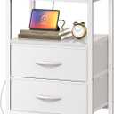 Huuger Nightstand with Charging Station, Side Table with 2 Fabric Drawers, End Table with Open Shelf, Bedside Table with USB-C Port and Outlets, Night Stand, PU Leather, White, 11.8"D x 15.7"W x 23.6"H
