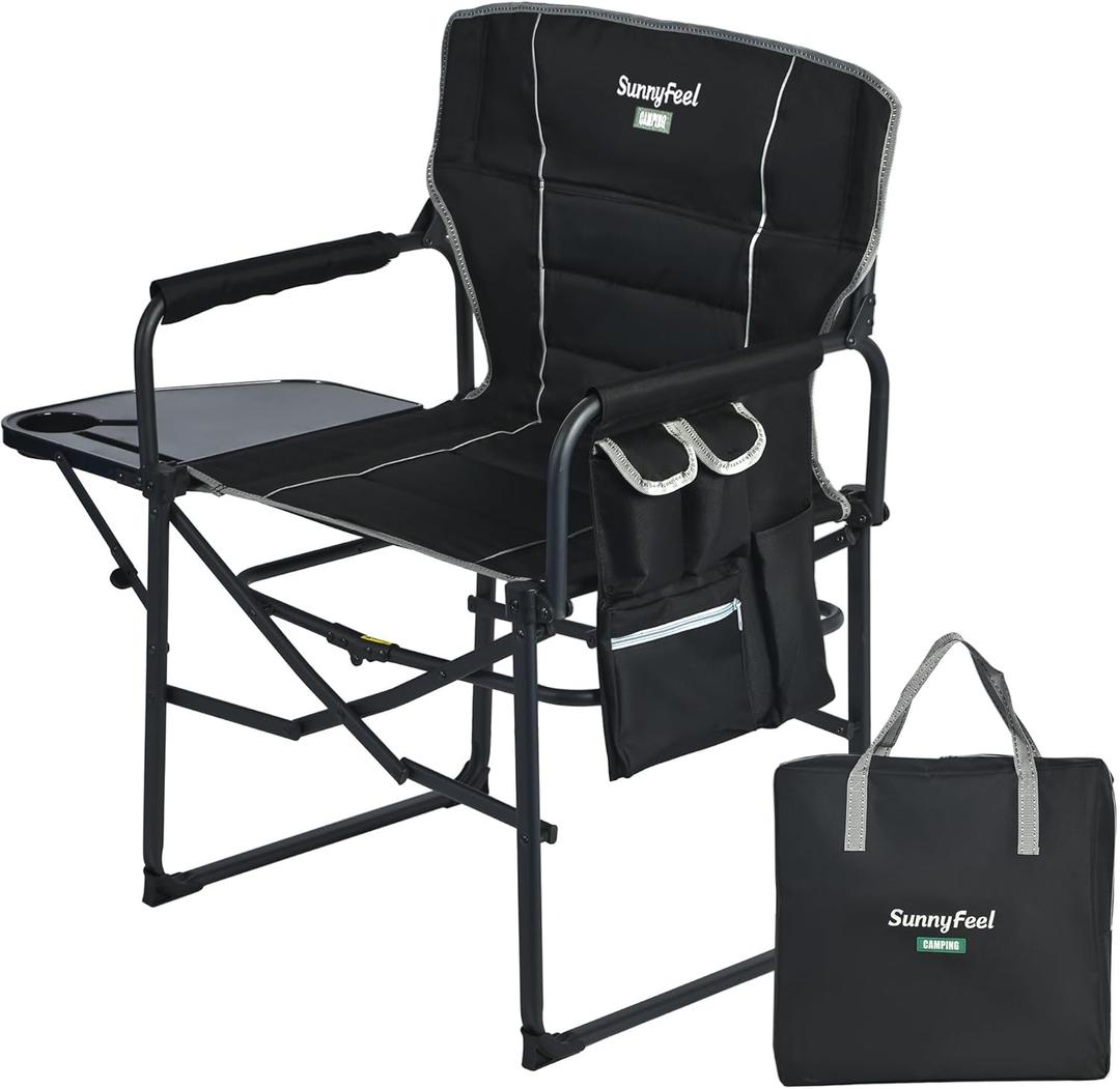 SUNNYFEEL Oversized Camping Directors Chair 2 Pack, Portable Folding Lawn Chairs for Adults Heavy Duty with Side Table,Pocket for Beach, Fishing,Picnic,Concert Outdoor, Foldable Camp Chairs (1 PC, Black Padded)