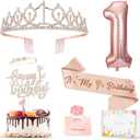 Awfrky 1st Birthday Decorations for Baby Girls, Including 1 year old Birthday Cake Topper, Queen Sash with Pearl Pin, Sweet Rhinestone Tiara Crown, Number Candles and Balloons