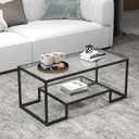 42" Rectangular Glass Coffee Table for Living Room, 2-Tier Center Tea Table with Metal Frame for Small Space, Apartment, Office (Black), 42.5"*19.5"*16.5"