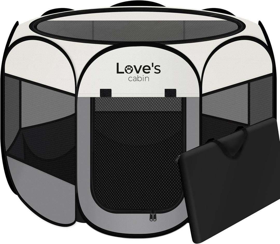 Love's Cabin Cat Dog Playpen, Puppy Kitten Pet Playpen Indoor/Outdoor,Portable Soft Pop Up Dog Kennel Crate with Zipper Cover Door/Carrying Case, Large Size, 39x22x22