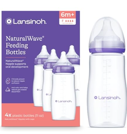 Lansinoh AntiColic Baby Bottles, BPAFree Plastic, 11 Ounces, 4 Count, Fast Flow Nipples (Size F), Breastfeeding Bottle with NaturalWave Design