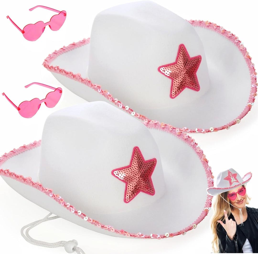 2 Pack White Cowgirl Hat with Heart Sunglasses, Cowboy Hat with Pink Sequin Star, Preppy Cowgirl Costume Accessories with Adjustable Neck Draw String for Women, Halloween, Dress Up Party