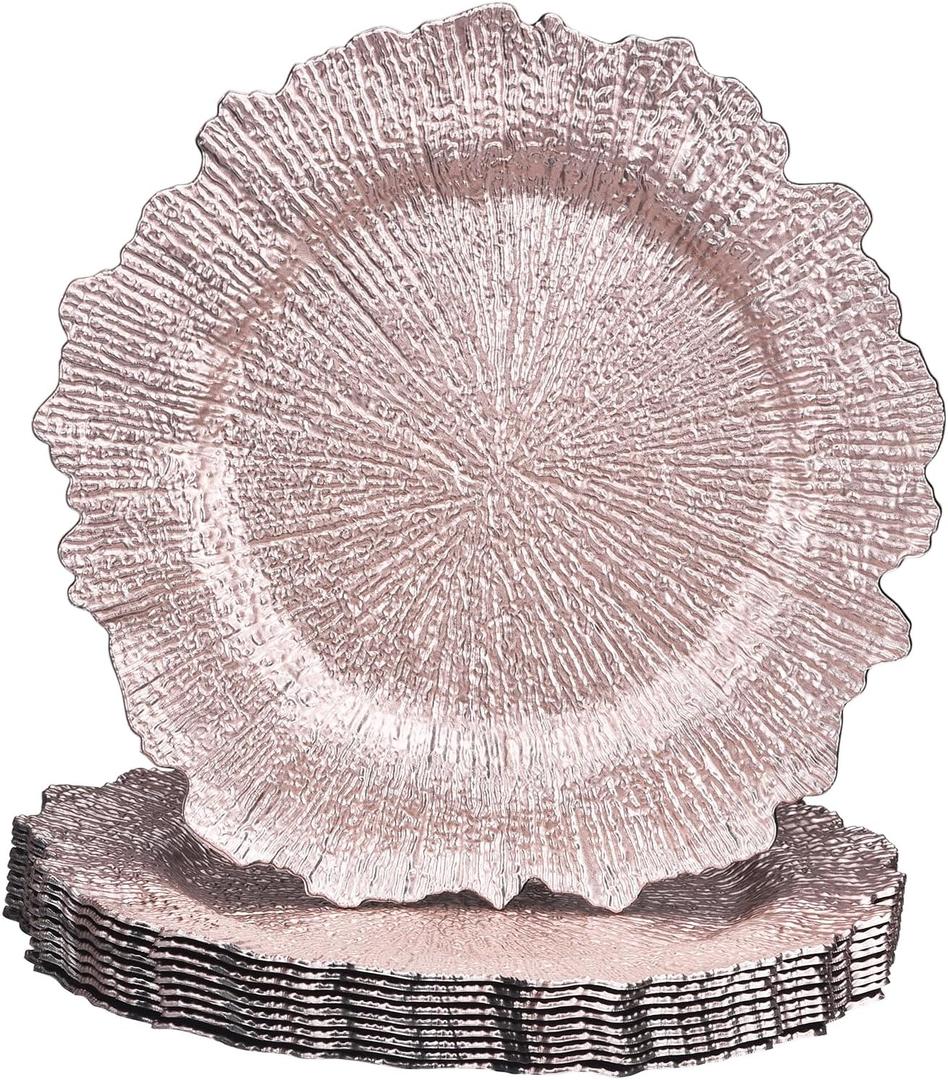 uxcell 10pcs Reef Charger Plates Bulk, 13 Inch Plastic Floral Charger Plates, Round Plate Chargers for Dinner Wedding Party Event Table Setting Decoration Rose Gold