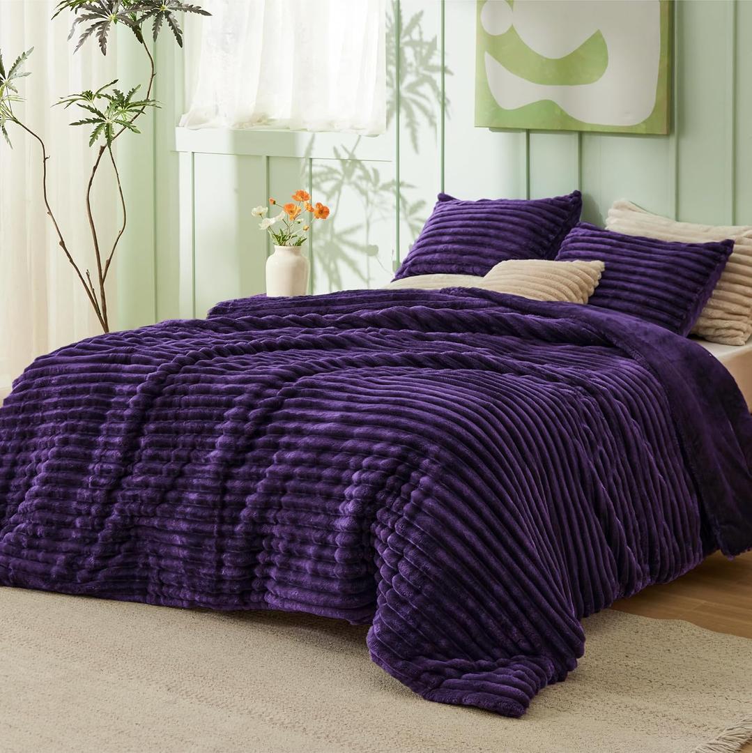 Bedsure Fluffy Comforter Set Queen - Super Soft Faux Fur Bed Set Purple, Warm Plush Fleece Winter Bedding, 3 Pieces, 1 Shaggy Fuzzy All Seasons Queen Size Comforter with 2 Pillowcases