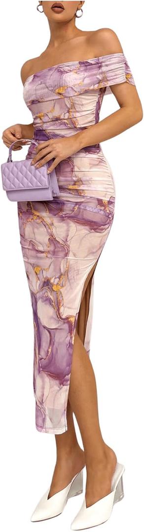 Floerns Women's Floral Print Off Shoulder Short Sleeve Ruched Bodycon Long Dress (Large, Purple)
