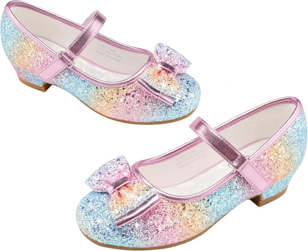 Stelle Girls Dress Shoes Glitter Princess Shoe Flower Mary Jane Low Heels Party Wedding Prom Footwear for Toddler Kids (T08-prism)