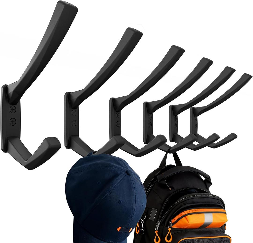 Heavy Duty Wall Hooks, 5 Inch Large Wall Mount Hooks for Hanging Heavy Backpacks, School Bags, Winter Coat, Handbags, Purses in Entryway, Hallway, Garage, Bathroom, Laundry (6, Black)