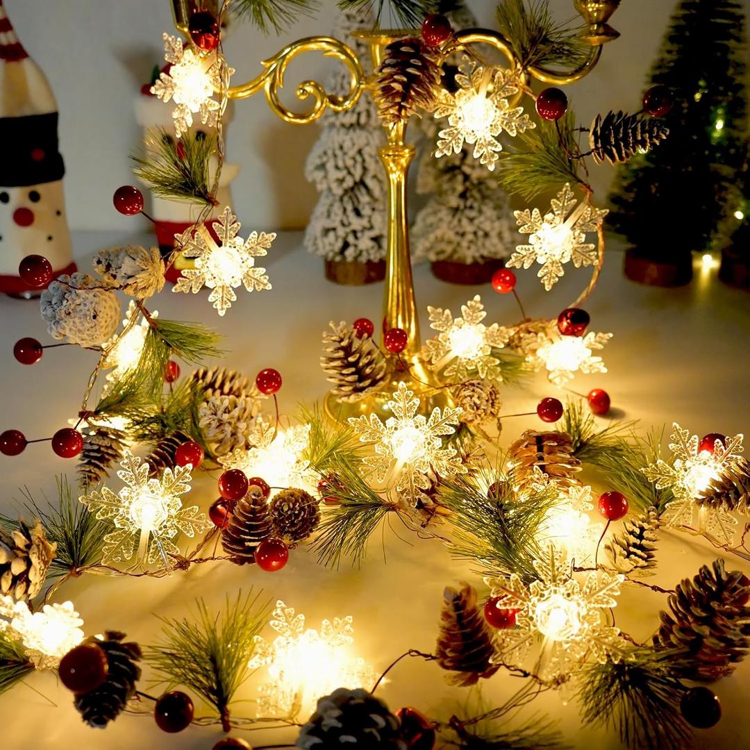 Pine Garland with Lights Christmas Garlands 6.56FT 20 Snow LED Battery Operated Garland with Red Berry and Holiday Pinecones Prelit Lights for Home Windows Fireplace Stairs Christmas Tree Decortions