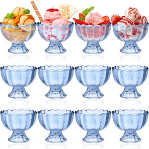 Potchen 12 Pieces Small Blue Ice Cream Bowls Glass 5 oz Sundae Glasses Dessert Cups Clear Blue Tulip Ice Cream Glasses for Trifle Salad Sundae Cake Pudding Dinner Wedding Holiday Party