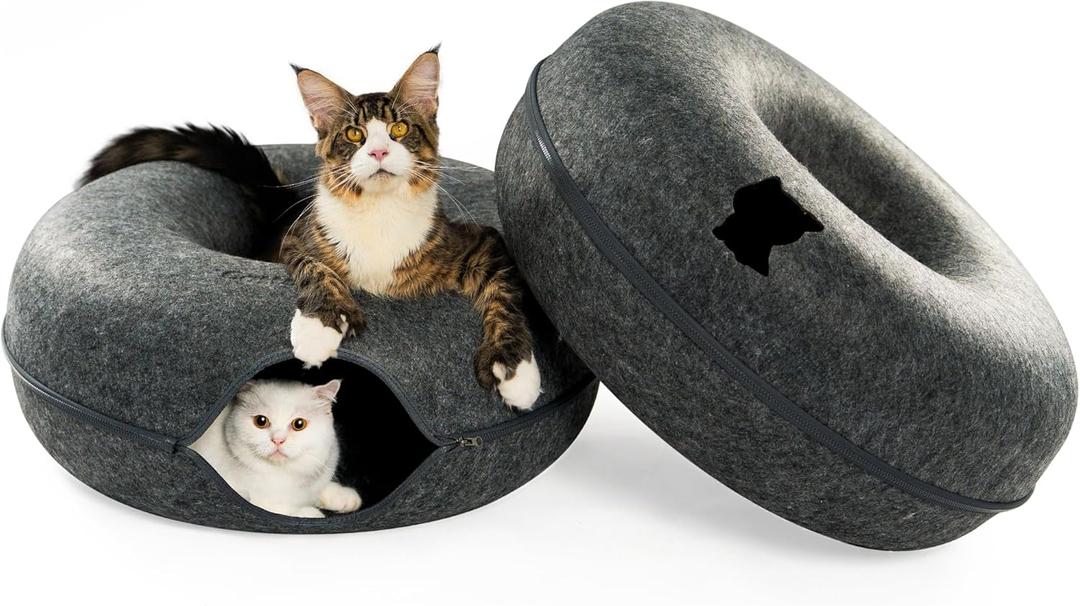Cattasaurus Peekaboo Cat Cave, Extra Spacious for Multiple & Large Cats 12+ lbs, Scratch Detachable Cat Beds for Indoor Cats, Washable Tunnel Bed, Comfy Cat Donut Tunnel (Dark Gray+Dark Gray, Jumbo)
