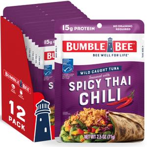 Bumble Bee Spicy Thai Chili Seasoned Tuna, 2.5 oz Pouches (Pack of 12) - Ready to Eat - Wild Caught Tuna Packet - 15g Protein per Serving - PERFECT, PORTABLE, GOODNESS bbd: AUG 2027