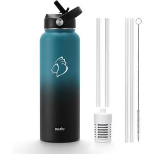BUZIO Insulated Filtered Water Bottle, Stainless Steel Travel Bottle with Carbon Filter and Straw Lid, Reusable for Clean Drinking Water On The Go, Cold for 48 Hours, 40oz, Indigo Crush