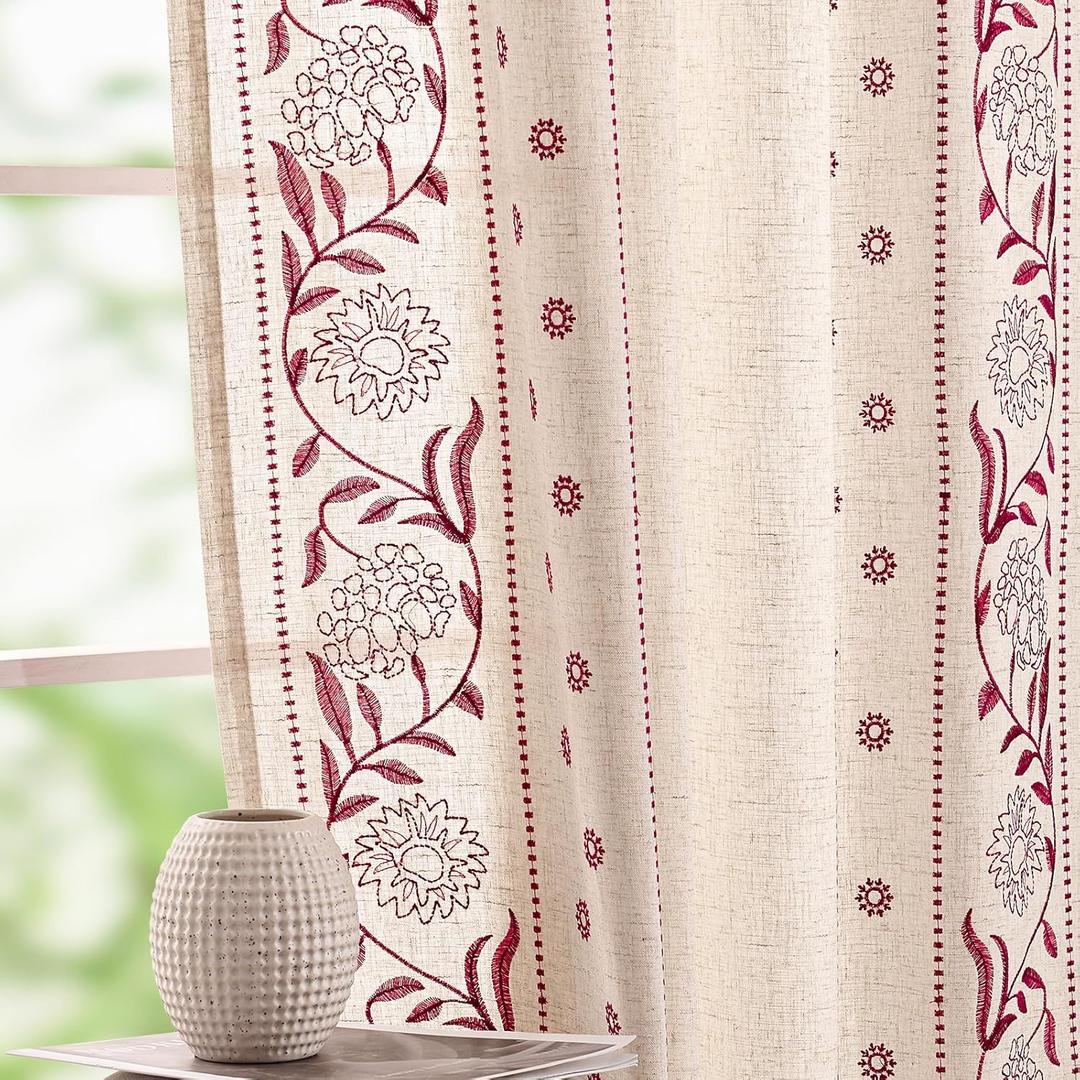 jinchan Winslow Linen Curtains for Bedroom 96 Inches Length Embroidered Bordered Floral Curtains for Living Room Farmhouse Decor Light Filtering Window Treatments Red on Beige Drapes 2 Panels (*Burgundy)