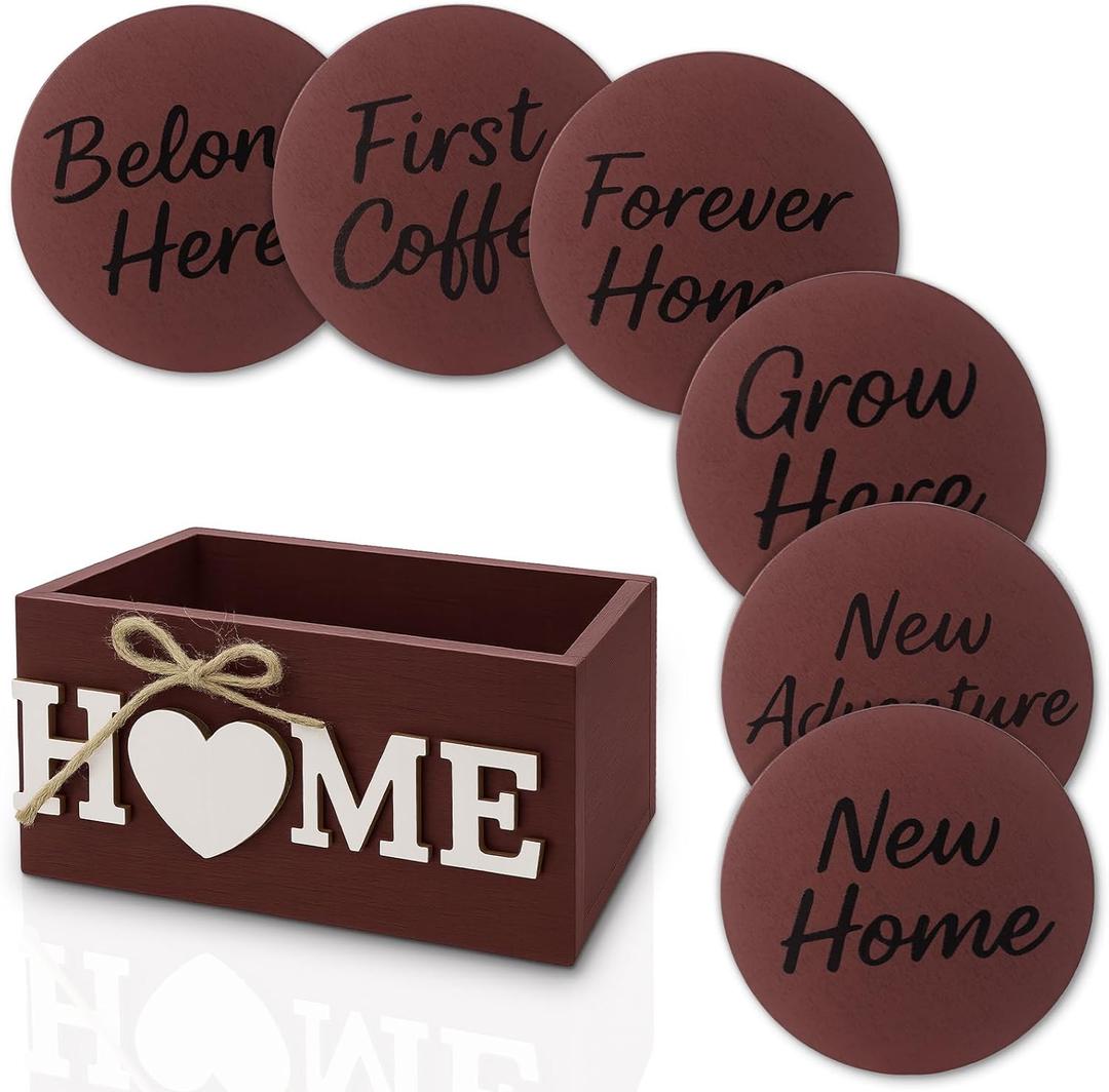 Housewarming Gifts for New Home: Farmhouse Wood Coaster Set for Coffee Table Decor - First Coffee/New Beginning/Forever Home/Grow Here/Breathe Here/Belong Here (Brown)