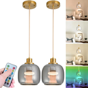 2 Pcs Battery Operated Pendant Light,Battery Ceiling Light With 10000 mAh RGB Rechargeable Light Bulbs 50 hrs Run Time,Glass Hanging Light with Remote Control For Kitchen Island,No Wiring Required