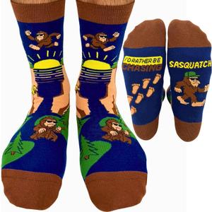 I'D RATHER BE CHASING Funny Mens Socks, Hunting & Fishing Gifts for Men, Fun Hunt Fish Crew Sock, Hunters Fishermen Gift (Sasquatch Blue)