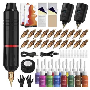 RHEIN Wireless Tattoo Pen Kit, Complete Rotary Tattoo Machine with 2 Power Supplies, 20 Cartridge Needles, 14 Tattoo Inks, Practice Skin Stencil Transfer Paper for Beginners and Artists RNP28KIT-1