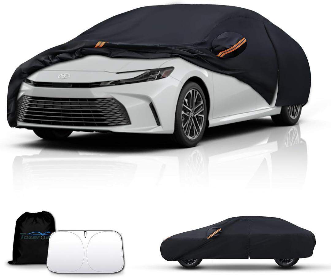 Waterproof Car Cover All-Weather, Heavy-Duty Outdoor Full Exterior Automobiles Snow Cover for Sedan 186-193 inch with Sun Visor,Zippered & Storage Bag - Black, 