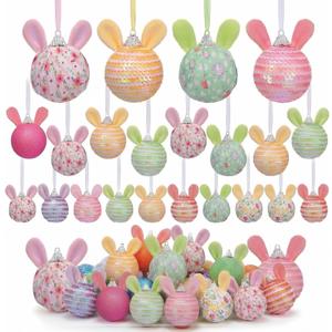 Leinuosen 24 Pcs Sequin Easter Tree Ornaments with Bunny Ear Easter Rabbit Tree Decorations Colorful Glitter Hanging Ball Ornaments for Home Indoor Birthday Party DIY Crafts(Mixed,Stylish)