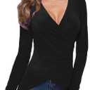 Afibi Women Deep V Neck Low Cut Long Sleeve Slim Shirt Tee Top Blouse (Large, Black)