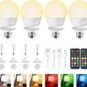 Brightown E26 Rechargeable Light Bulb with Remote and Timer, Battery Backup Bulb for Sconces and Lamps, E26 Detachable Charging for Non-Hardwired Fixture, 3 Color Temperatures + 9 RGB Colors, 4 Pack