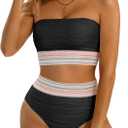 High Waisted Bandeau Bikini Set - Women Strapless Two Piece Swimsuits Ribbed Longline Full Coverage Bathing Suits Swimwear (Large, Black-Contrast Trim)