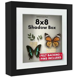 Americanflat 8x8 Shadow Box Frame with Shatter-Resistant Glass - Use as 6x6 Frame with Mat or 8x8 Without Mat - Silhouette Collection - Black with Soft Felt Back