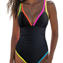 popvil Women's One Piece 2025 Tummy Control Swimsuits Neon Color Block Swimwear Deep V Neck Slimming Bathing Suit, Size M, Black
