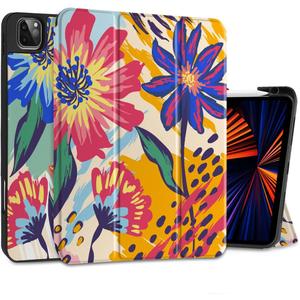 MEEgoodo for iPad Pro M2 12.9 Case 6th/5th/4th/3rd Generation 2022 2021 2020 2018 with Pencil Holder, Tablet Cover with Soft TPU Back Shell, Art Painted Flowers