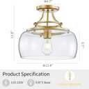 WUZUPS Chandelier Rustic Farmhouse Industrial Round Semi-flushmount Ceiling LED Light Fixture with Clear Glass Shades for Bathroom Kitchen Foyer Entryway, H 11.8" x W 13.4", E26 Base, Gold