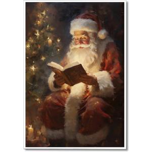 Wodkodnxy Vintage Christmas Canvas Wall Art, Santa Claus Reading Book Pictures for Wall Decor, Christmas Poster Santa Picture, Xmas Wall Decorations 16x24in Unframed