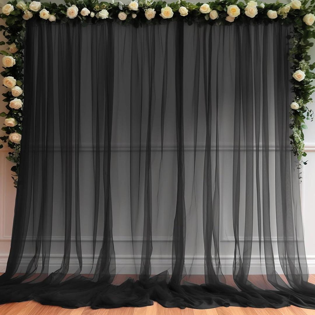10ft X 10ft Black Sheer Backdrop Curtain for Parties, Tulle Sheer Fabric Backdrop Curtain Drapes for Baby Shower Birthday Party Photo Shoot Halloween Decorations 