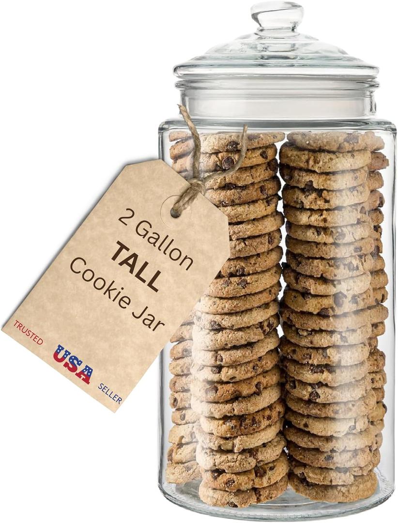 2-Gallon Tall Glass Cookie Jar with Airtight Lid Large Kitchen Canister for Cookies, Sugar, Flour, and Dog Treats