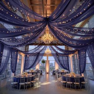 12 Panels Dark Blue Ceiling Curtains with Lights for Weddings - 5ftx30ft Wrinkle-Free Tulle Fabric Wedding Arch Draping Ceiling Drapes Decorations for Wedding Party Ceremony Stage Tent Event, 60"W x 360"L