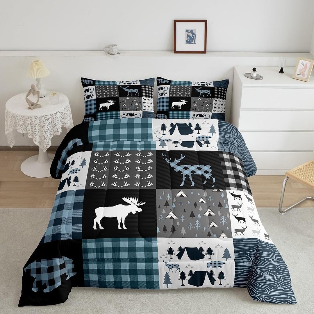 Rustic Bear Deer Comforter Set Queen,Country Cabin Bedding Set for Kids Teens Blue Checkered Buffalo Plaid Quilt Moose Woodland Wildlife Patchwork Duvet Insert Camping Tent Farmhouse Decor