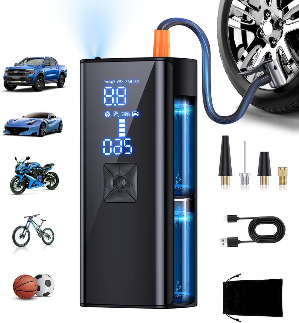 Tire Inflator Portable Air Compressor, 150PSI Air Pump with Digital Pressure Gauge, 25000mah & 2X Faster Cordless Tire Pump for Car, Bike, Motorcycle, Ball and More (Black)