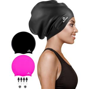 2 Pack Extra Large Swim Cap for Braids and Dreadlocks, Silicone Swimming Caps for Long Hair, Weaves, Extensions, Curls & Afros, Waterproof Adult Swim Hats Bathing Caps for Women Men (Black+Rose Red)