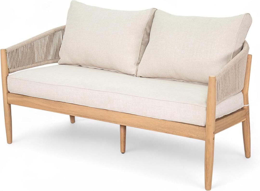 Christopher Knight Home Katarina Patio Acacia Wood Loveseat Furniture, Outdoor Loveseat Sofa with Comfy Fabric Cushions, 2-Seater Sofa with Handwoven Rope Backrest for Garden, Light Brown+Beige