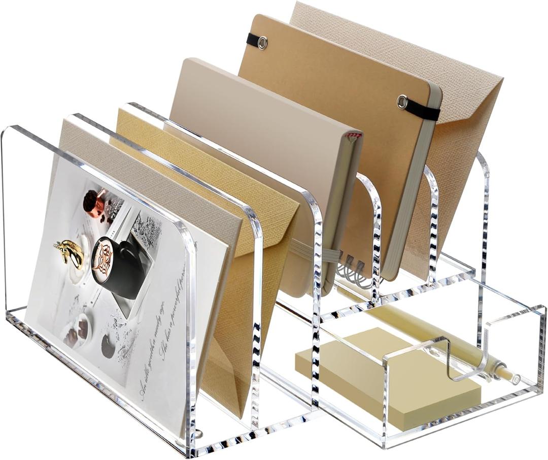 SANRUI Desk Organizers and Accessories, Acrylic Mail Organizer Countertop, 5-Slots File Sorter with Drawer, Desktop Organizer for Office Supplies, Clear 