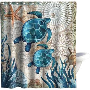 Nautical Blue Sea Turtles Beach Theme Fabric Shower Curtain Sets Bathroom Green Ocean Decor with Grommets and Hooks - 60 x 72 Inch Teal