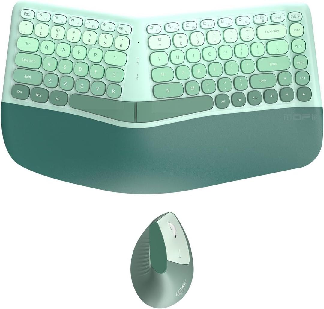 Ergonomic Wireless Keyboard and Mouse Combo with Wrist Rest, Curved Split Keys Clicky 84-Key Membrane Keyboard 6-Key Vertical Mouse Set for Win/Mac/PC/Laptop, AAA Batteries, Mint Green