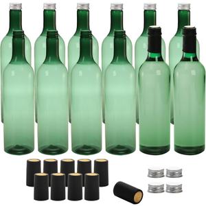 WUWEOT 12 Pack Plastic Bottles, 750ml Empty Bordeaux-Style Bottle, Green Long Neck Bottles with Screw Lid and Shrink Capsules Caps