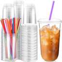100 Pack Clear Plastic Cups With Flat Lids and Straws Disposable Drinking Cups for Iced Coffee, Cold Drinks, Juice, Smoothies, Milkshakes (20 oz)